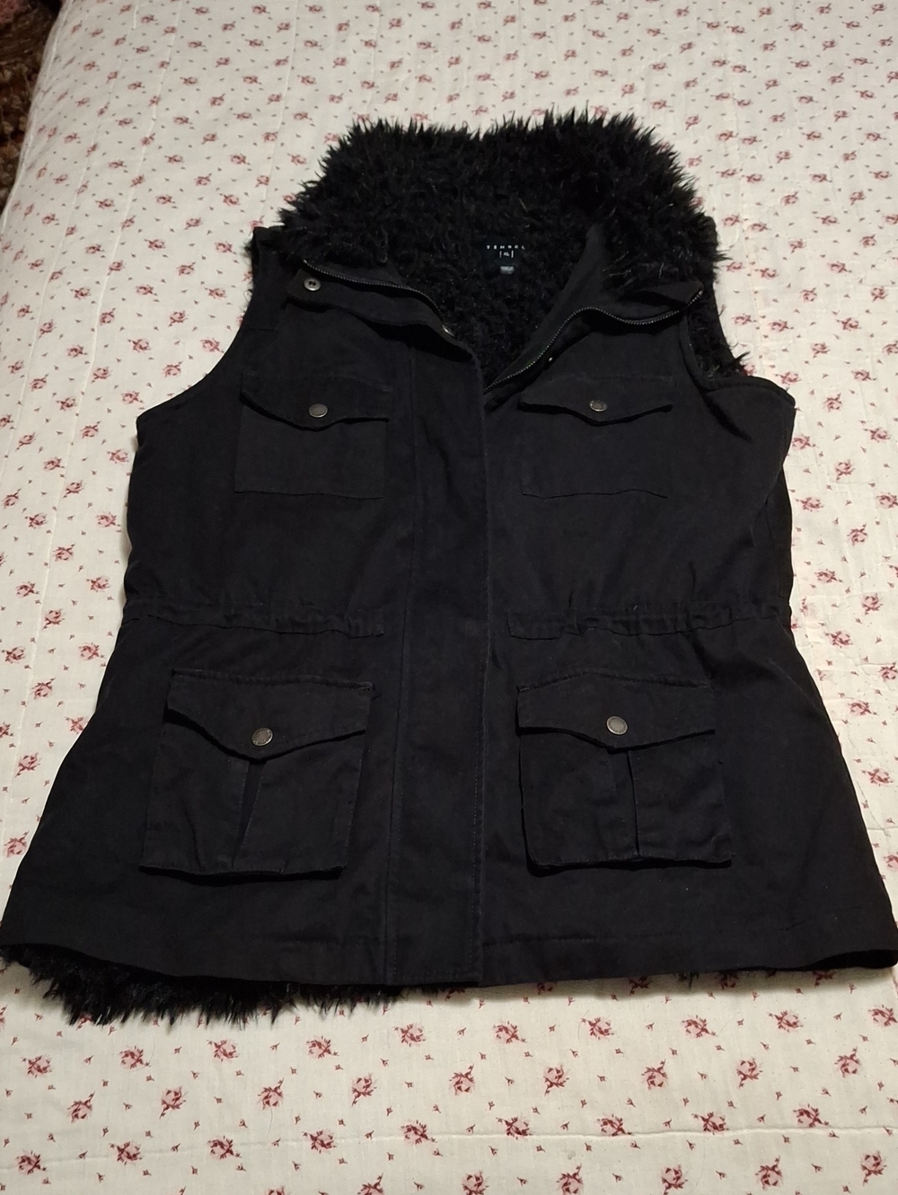 Tinsel Black Faux-Fur Utility Vest Size XL Full Zip Pockets